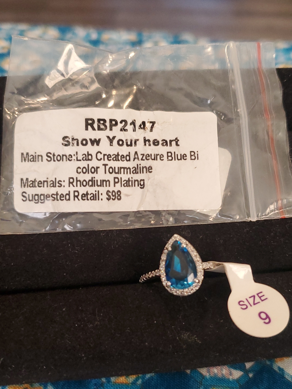 NWT Bomb Party Rhodium-Plated Teardrop Blue Tourmaline Ring - Size 9